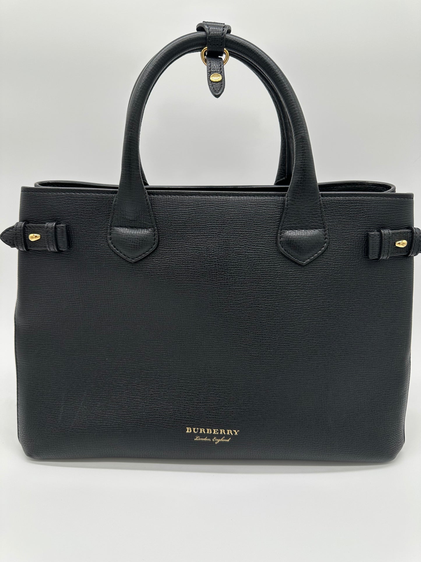 Luxury Soluciens Pre-owned Burberry Black leather tote with Nova check sides