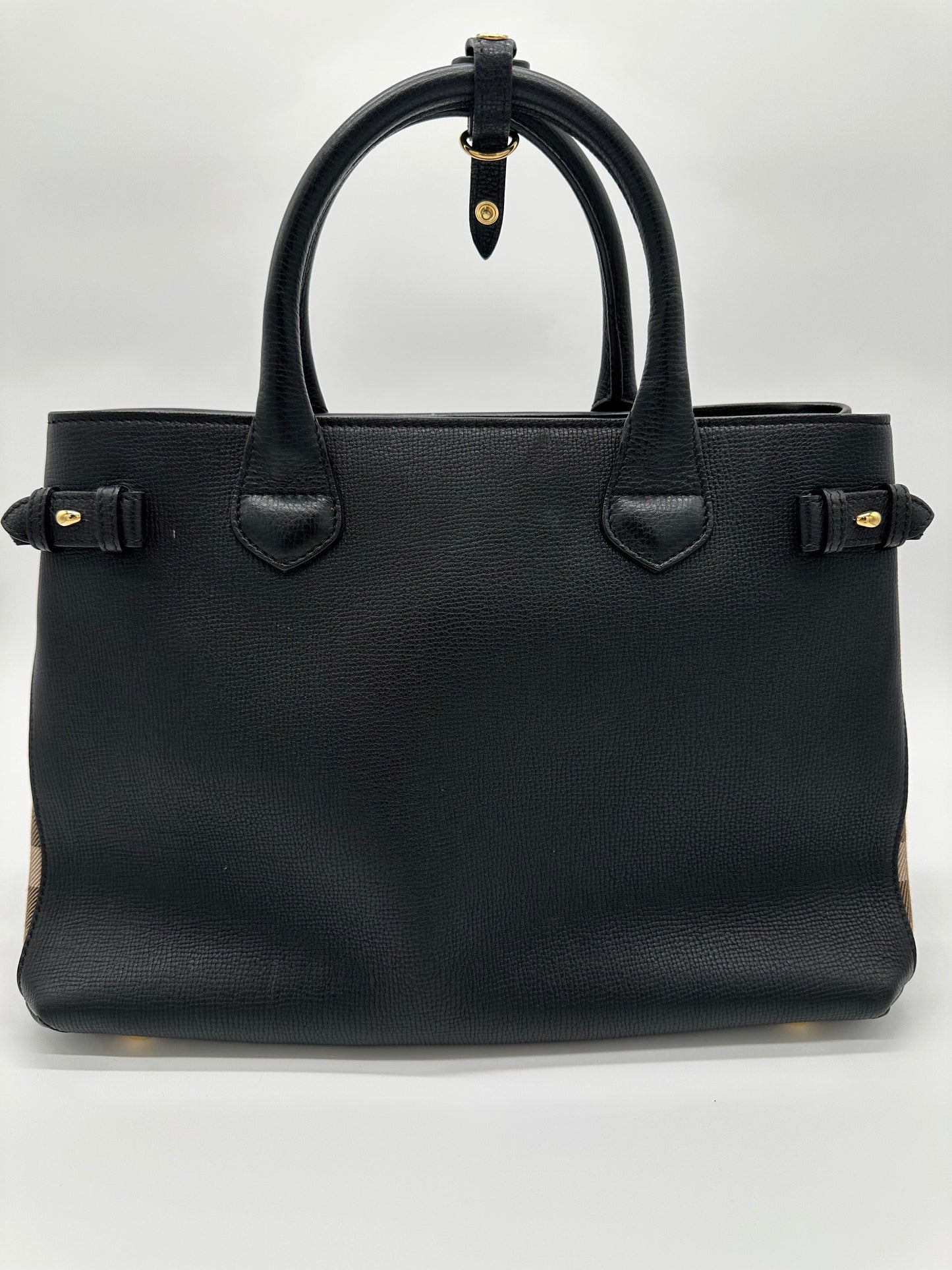 Luxury Soluciens Pre-owned Burberry Black leather tote with Nova check sides