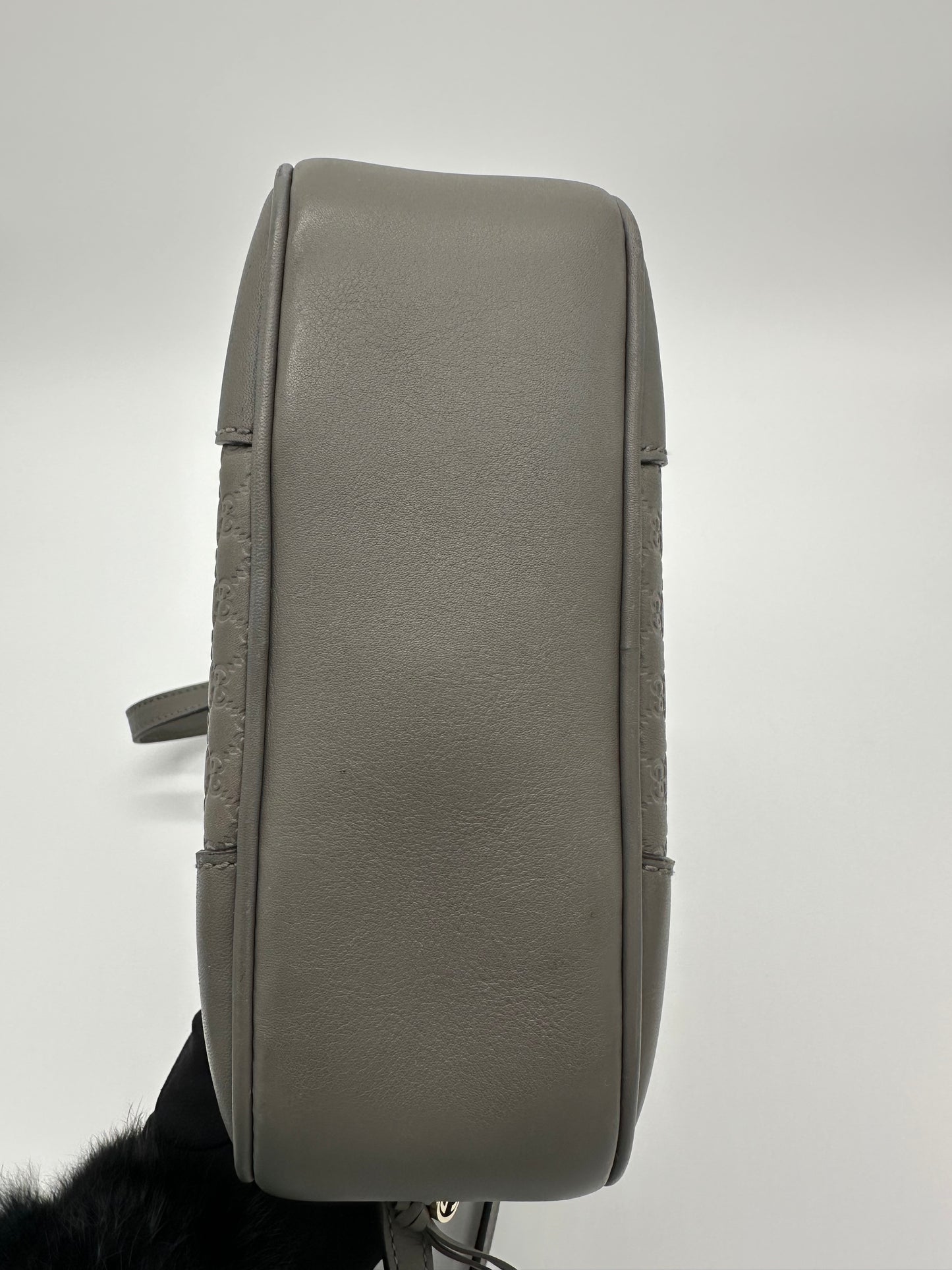 Luxury Soluciens Pre-owned Gucci mushroom gray Guccissima leather crossbody camera bag champange gold hardware