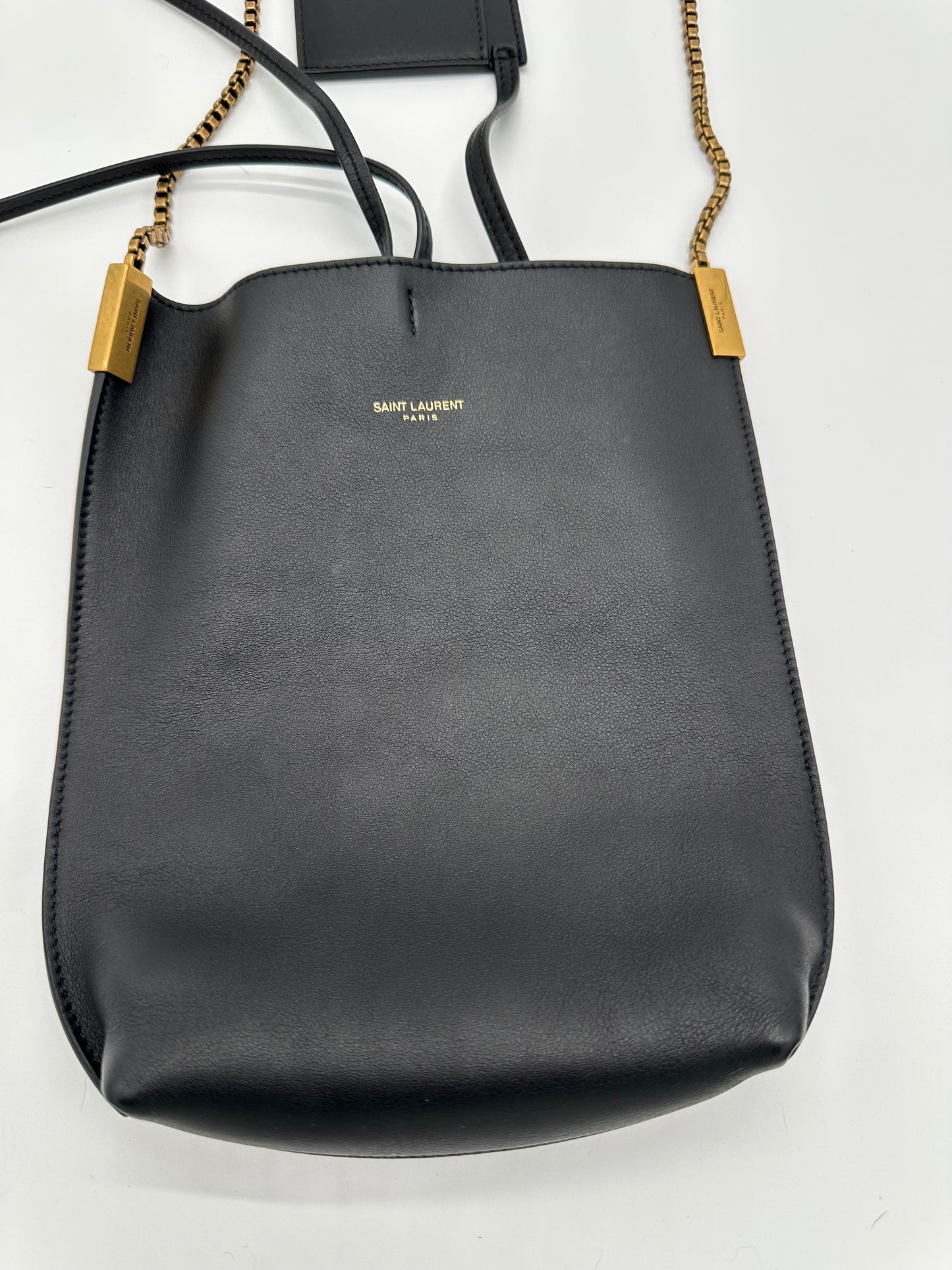 Luxury Soluciens Pre-owned YSL black leather bucket bag small with box chain in brushed bronze