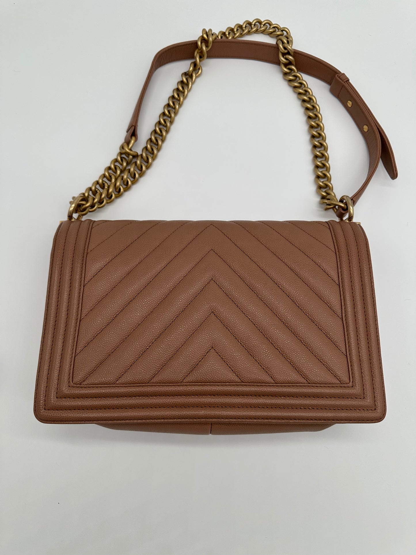 Luxury Soluciens Pre-owned Chanel boy bag in dark beige caviar leather