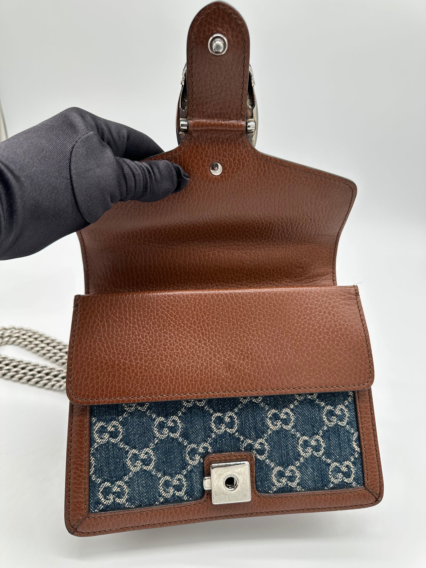 Luxury Soluciens Pre-Owned Denim and Leather Gucci Dionysis Flap Bag