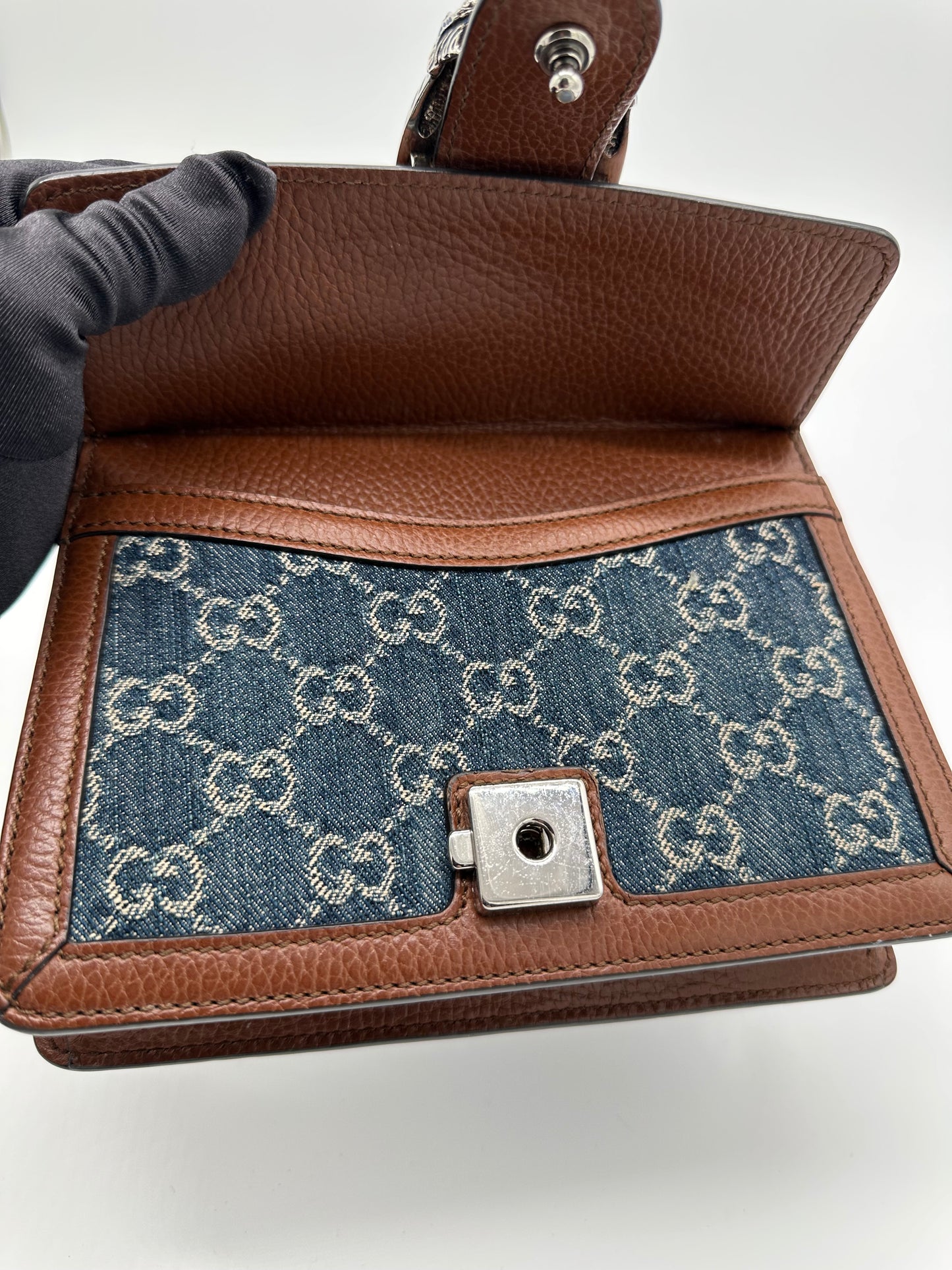 Luxury Soluciens Pre-Owned Denim and Leather Gucci Dionysis Flap Bag