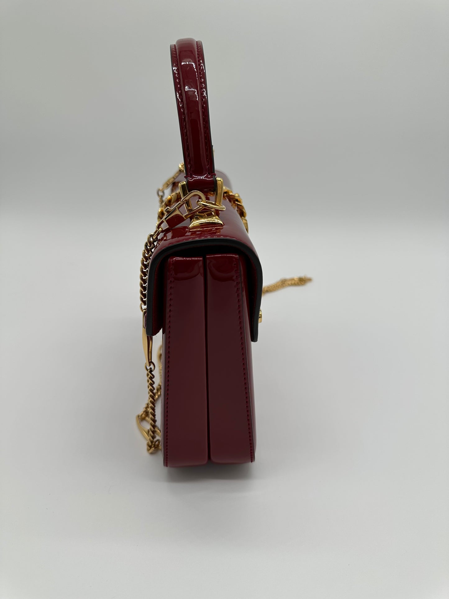 Luxury Soluciens Pre-Owned Gucci Sylvie 1969 Deep Red Patent Leather Bag