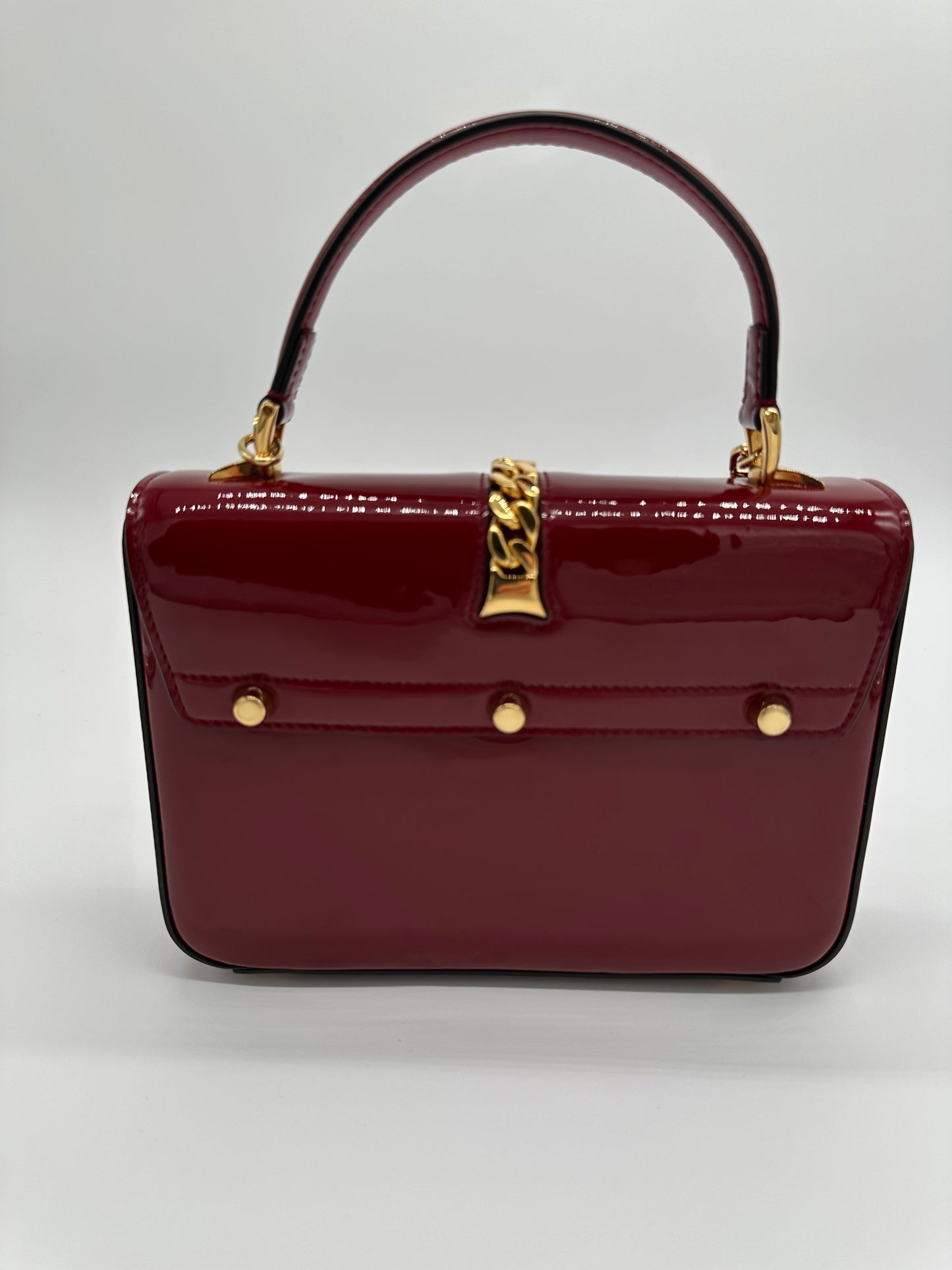 Luxury Soluciens Pre-Owned Gucci Sylvie 1969 Deep Red Patent Leather Bag