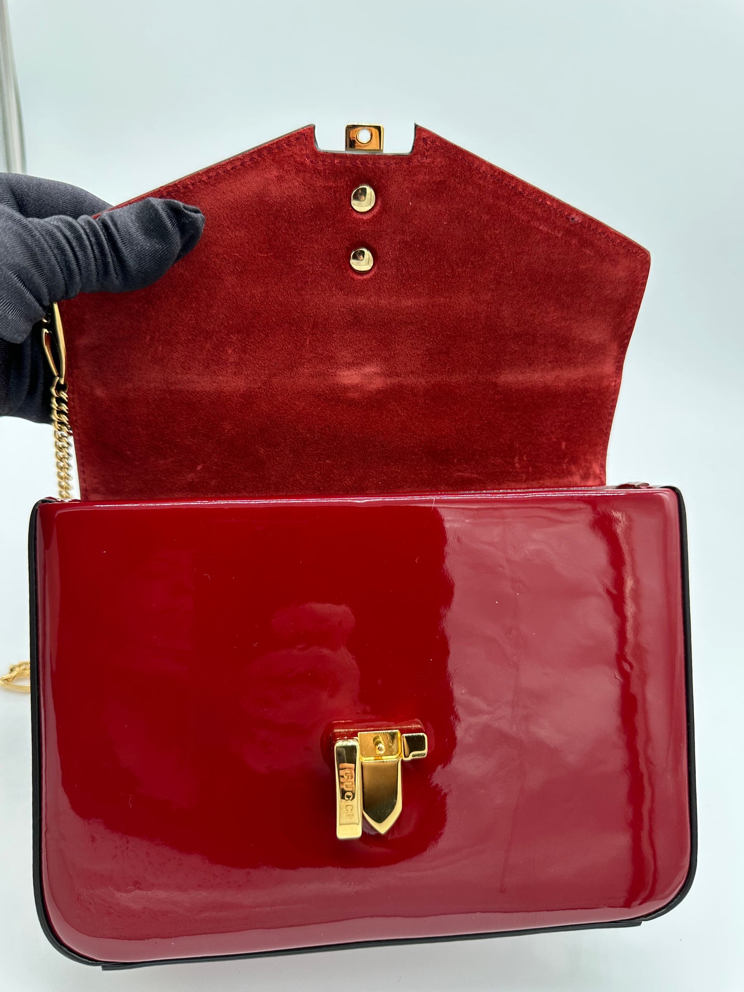 Luxury Soluciens Pre-Owned Gucci Sylvie 1969 Deep Red Patent Leather Bag
