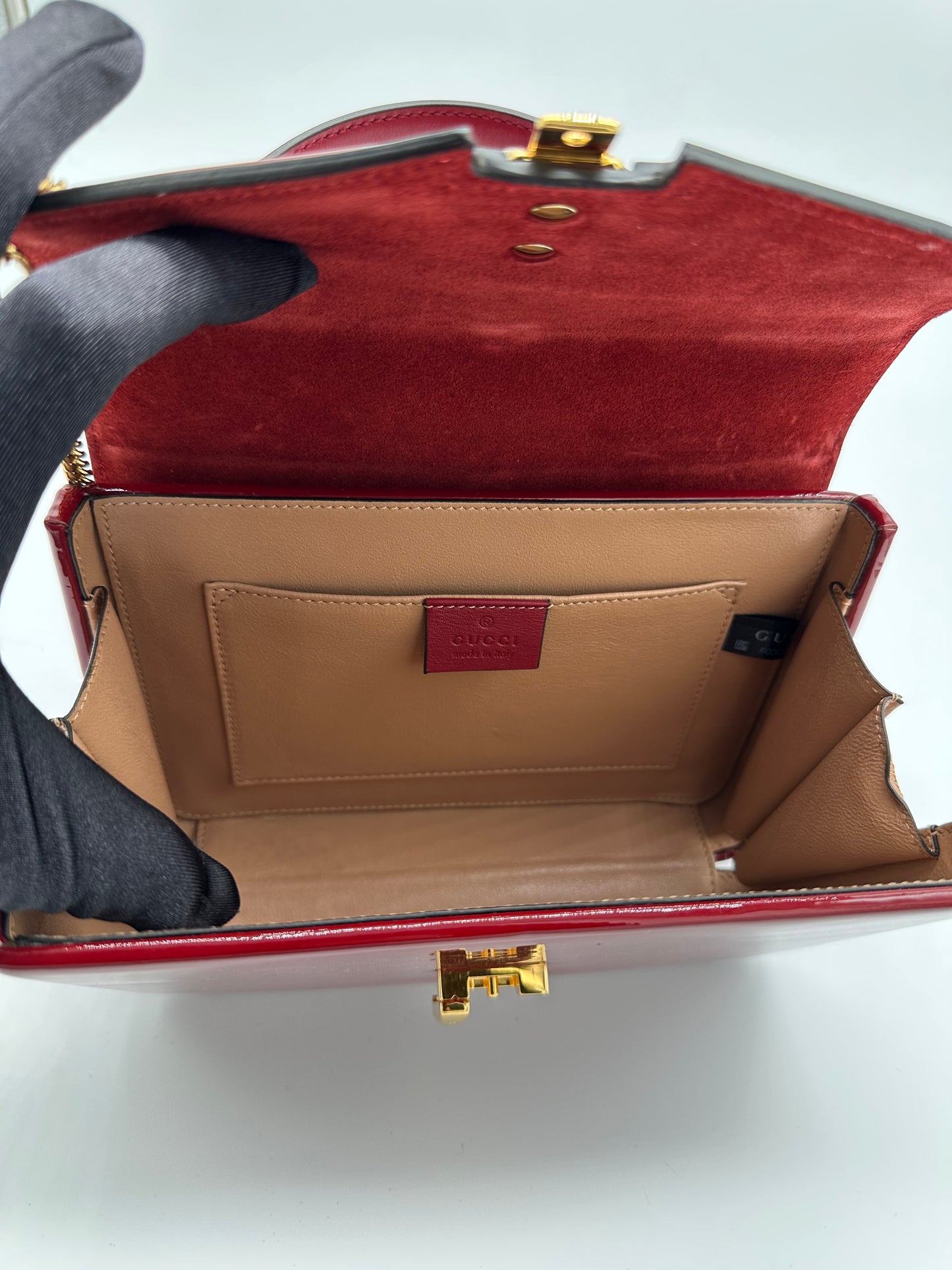 Luxury Soluciens Pre-Owned Gucci Sylvie 1969 Deep Red Patent Leather Bag