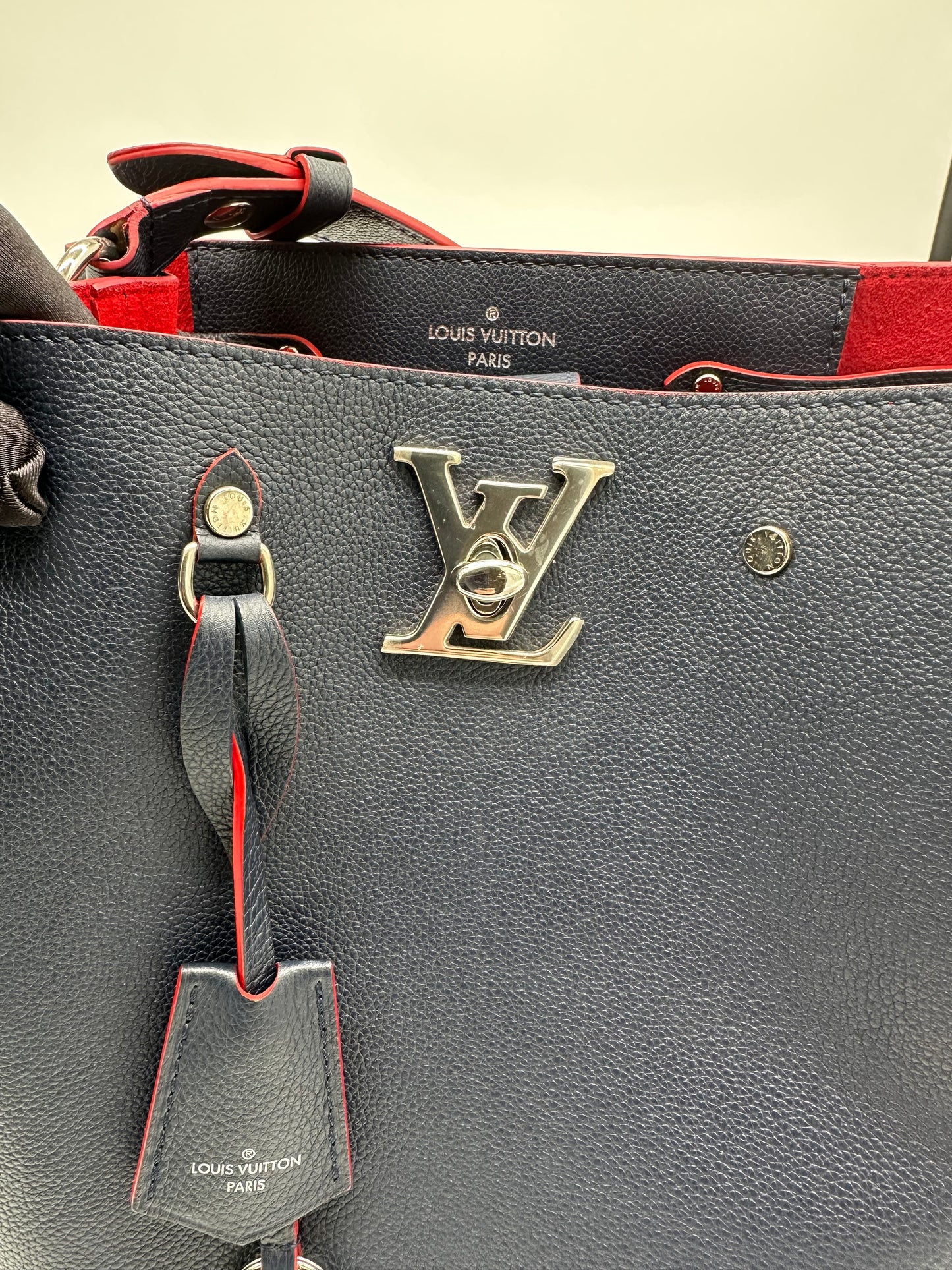 Louis Vuitton Lock Me Bucket Bag in Navy Textured Leather with Silver Toned Hardware