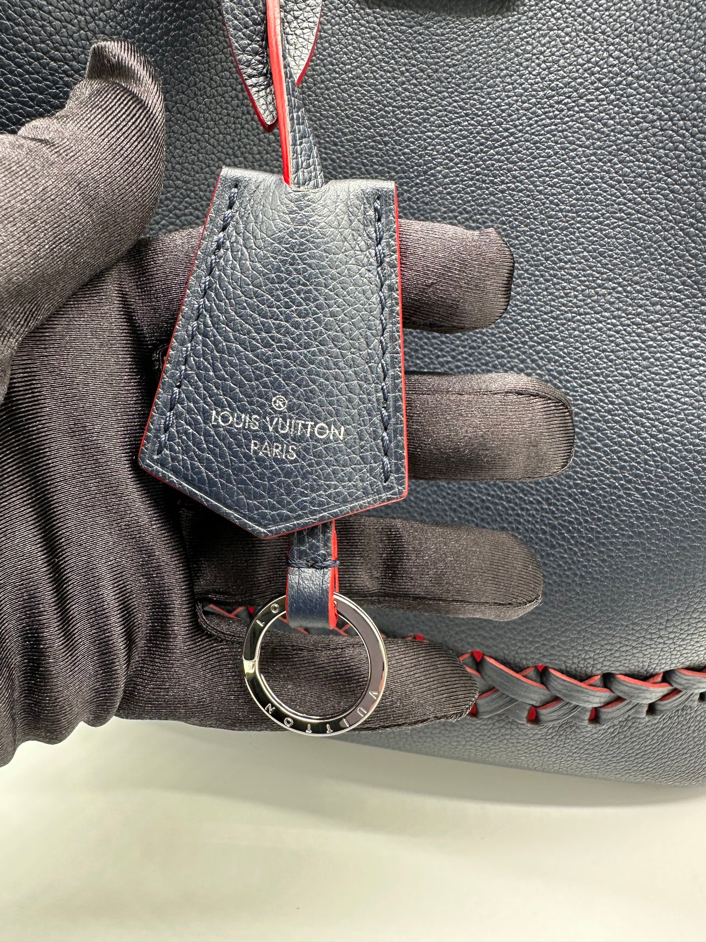 Louis Vuitton Lock Me Bucket Bag in Navy Textured Leather with Silver Toned Hardware