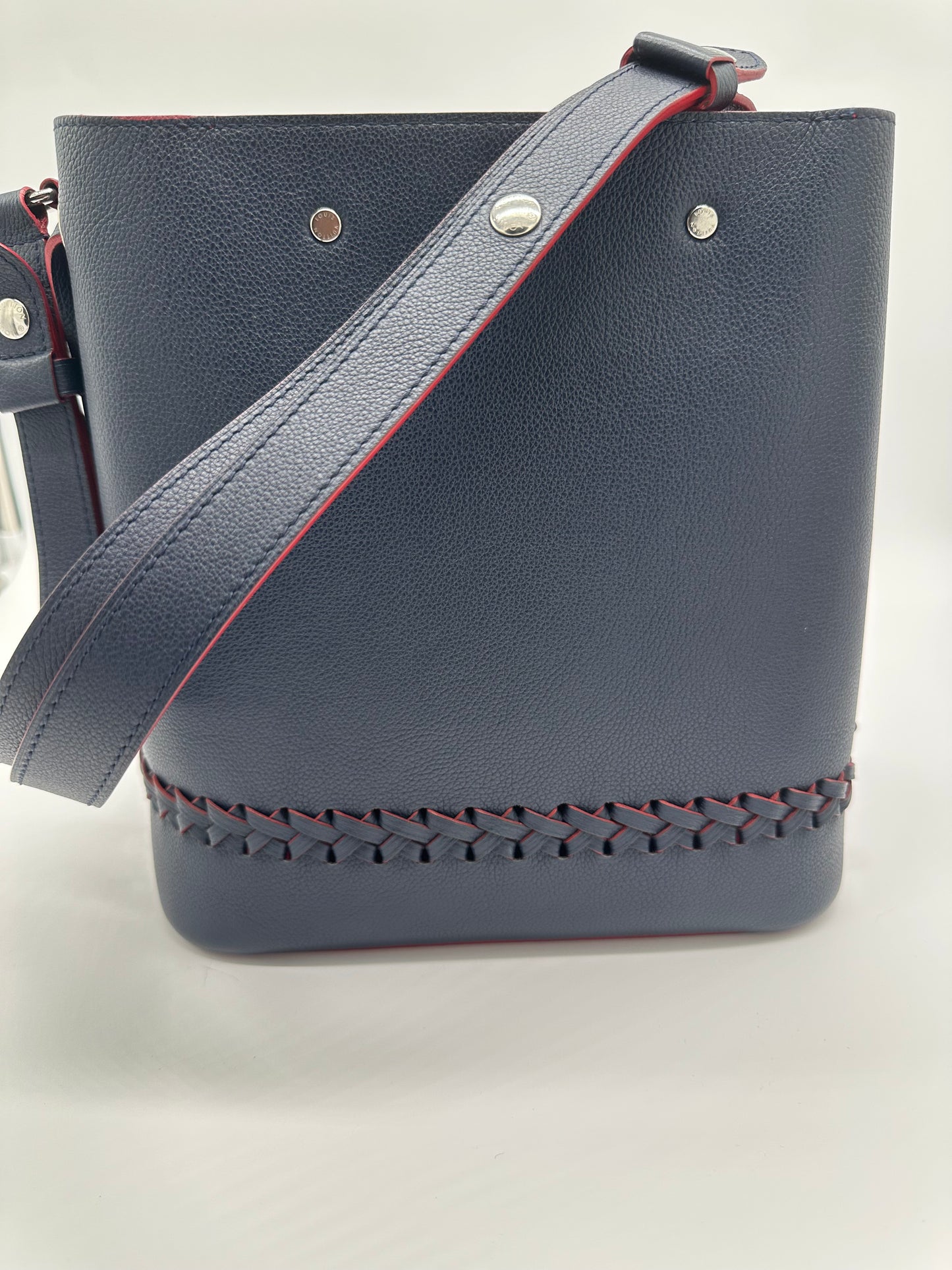 Louis Vuitton Lock Me Bucket Bag in Navy Textured Leather with Silver Toned Hardware