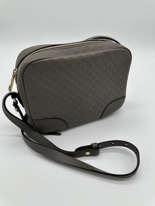 Luxury Soluciens Pre-owned Gucci mushroom gray Guccissima leather crossbody camera bag champange gold hardware