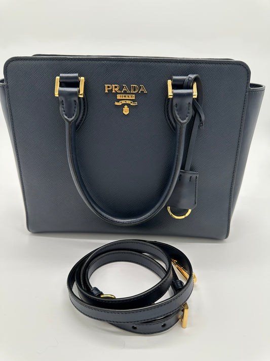 Luxury Soluciens Pre-owned Prada Blue saffiano leather tote with cross body strap and gold toned hardware