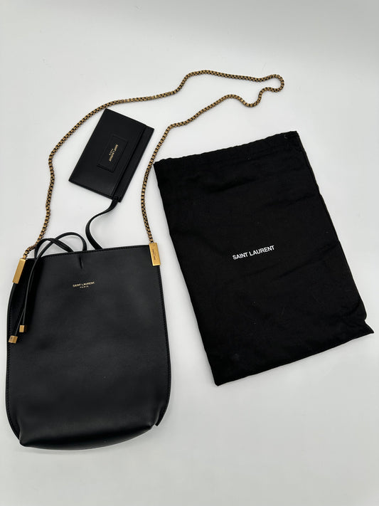 Luxury Soluciens Pre-owned YSL black leather bucket bag small with box chain in brushed bronze