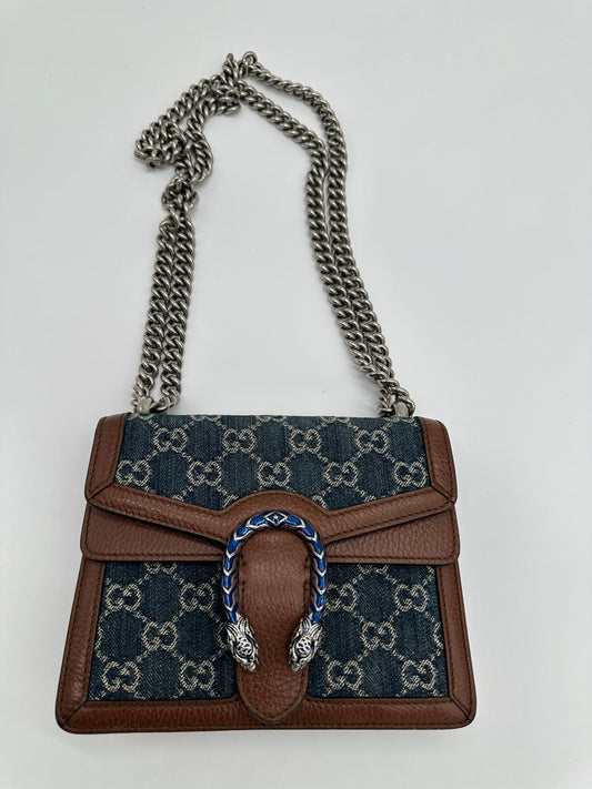 Luxury Soluciens Pre-Owned Denim and Leather Gucci Dionysis Flap Bag