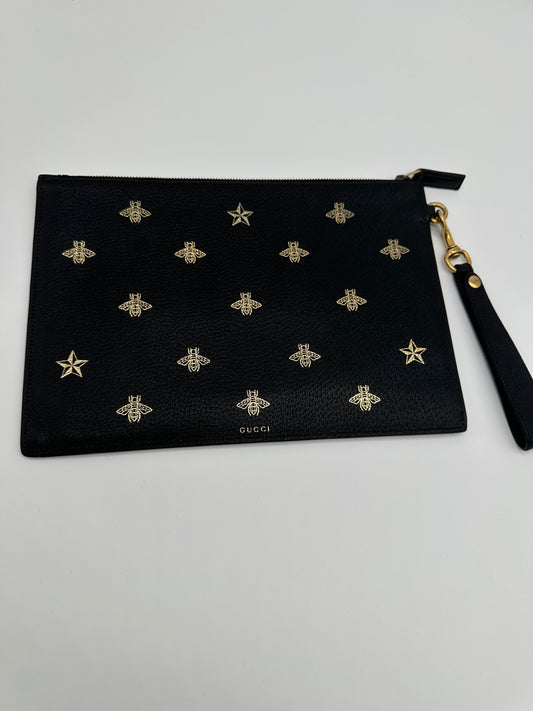 Luxury Soluciens Pre-Owned Large Black Leather Gucci Bee Clutch