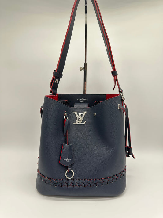 Louis Vuitton Lock Me Bucket Bag in Navy Textured Leather with Silver Toned Hardware